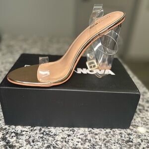 Fashion Nova Tan Heeled Sandals with Clear Wedge
